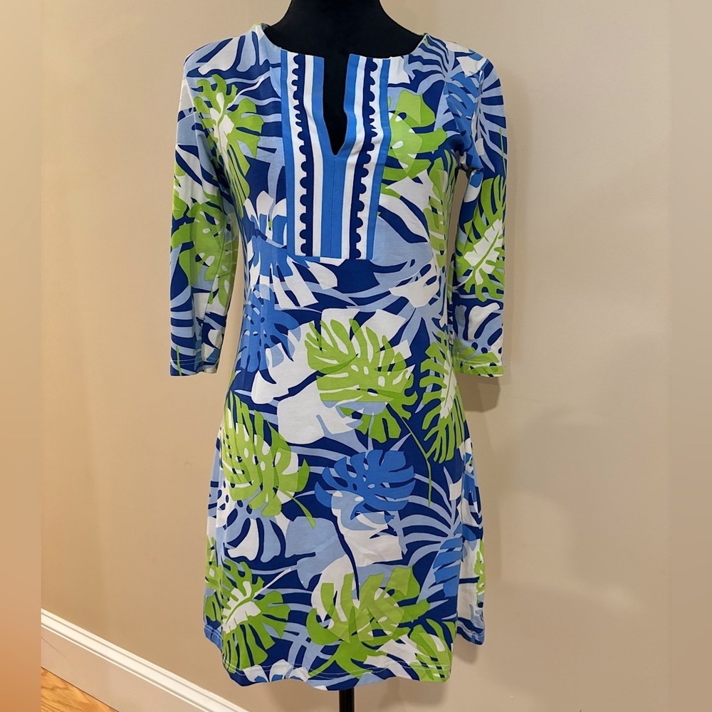 Barbara Gerwit Leaf Print Midi Dress Tropical Quarter Sleeve Size XSmall